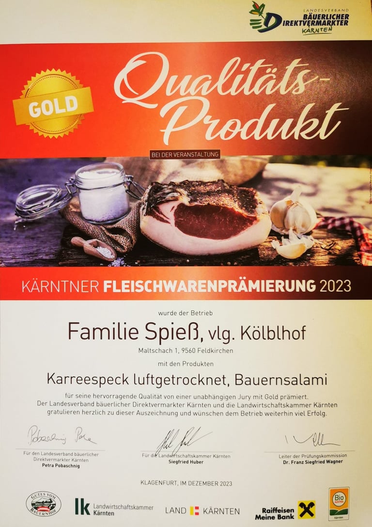 Kölblhof Bauernsalami und Karreespeck luftgetrocknet Gold bei den Fleischwarenprämierungen 2023