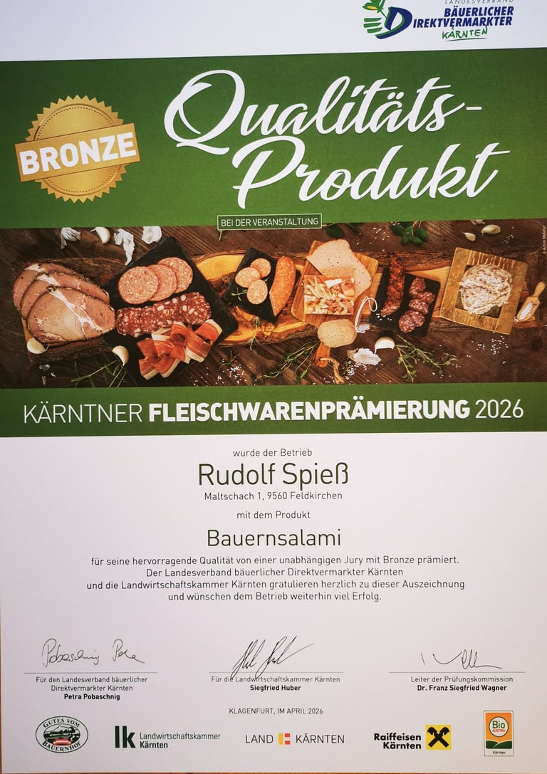 Kölblhof Bauernsalami erreichte Bronze bei Kärntner Fleischwarenprämierung 2026