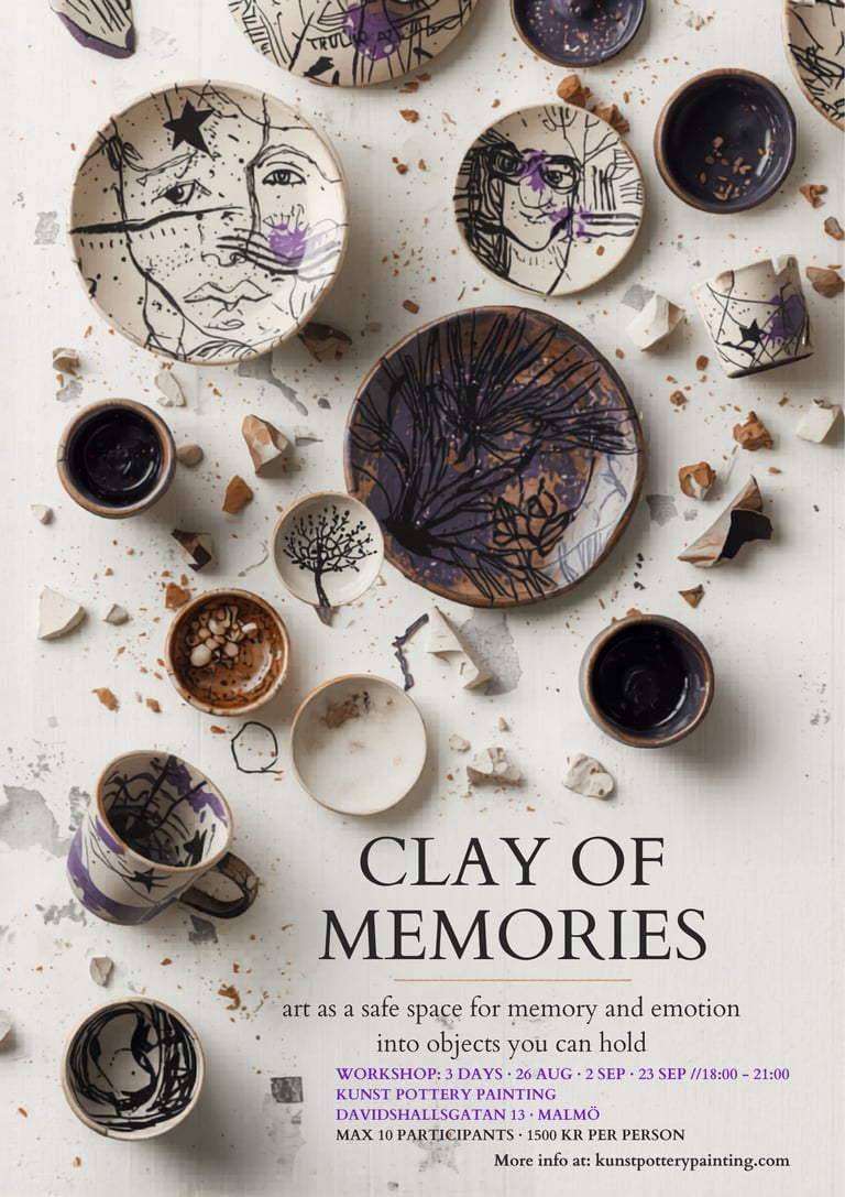Hand-painted ceramic plates and bowls for a Clay of Memories pottery painting workshop in Malmö.
