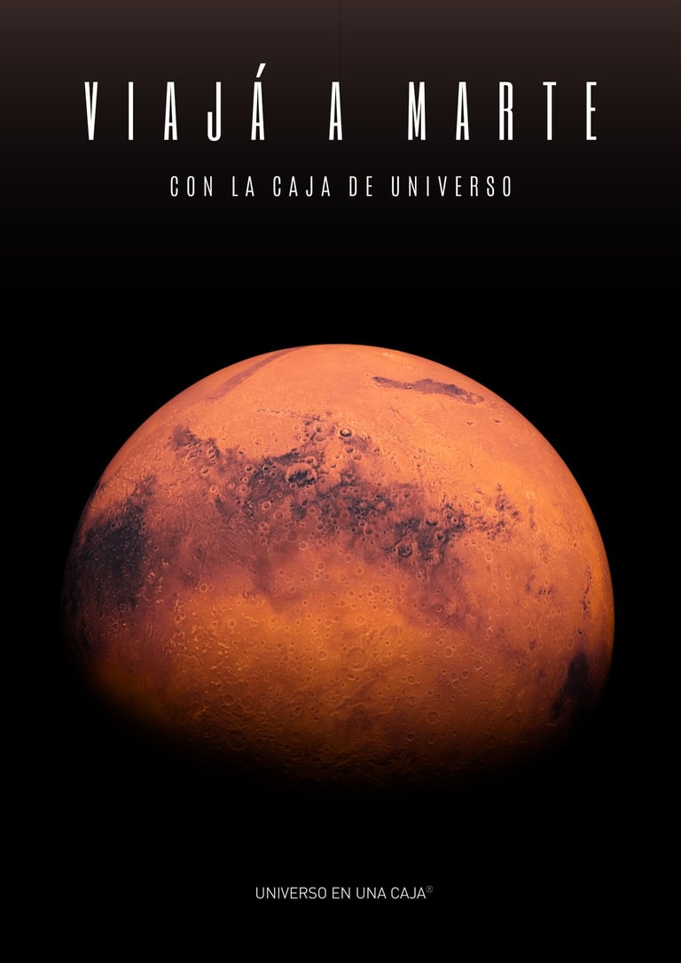 marte, el planeta rojo, sobre fondo negro. se lee "Viajá a Marte con la caja de Universo".