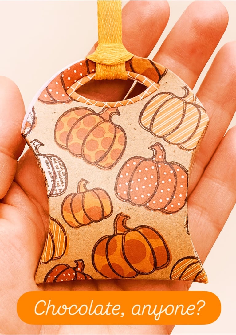 hand holding treat pouch with chocolate