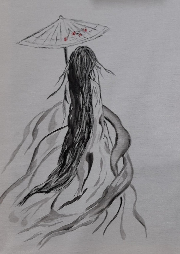 Ilustración a lápiz y tinta de una muchacha japonesa de espaldas, con sombrilla, de Óscar Ocaña Parrón