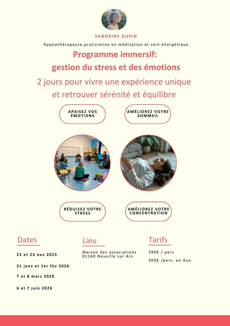 Stage, formation en gestion du stress, Sandrine Dupin hypnothérapeute à Neuville sur Ain