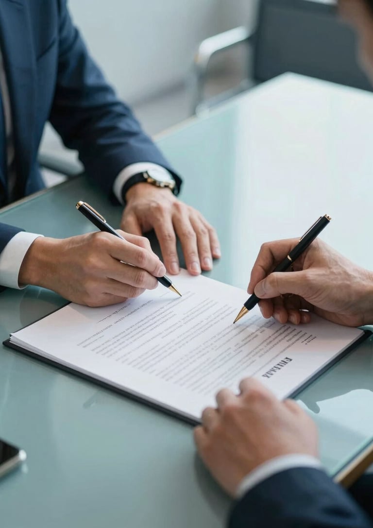 A detailed close-up of a professional partnership agreement being signed in a modern North American / Global Turkish corporate boardroom. The table reflects Soft Steel Blue and Muted Ocean Teal lighting, symbolizing trust and brand security.