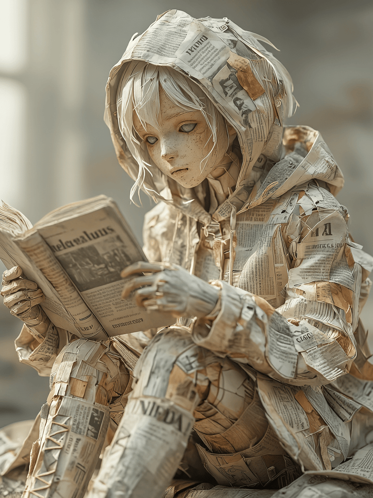 a 3D render of a young girl made of newspaper sitting and quietly reading a paper book