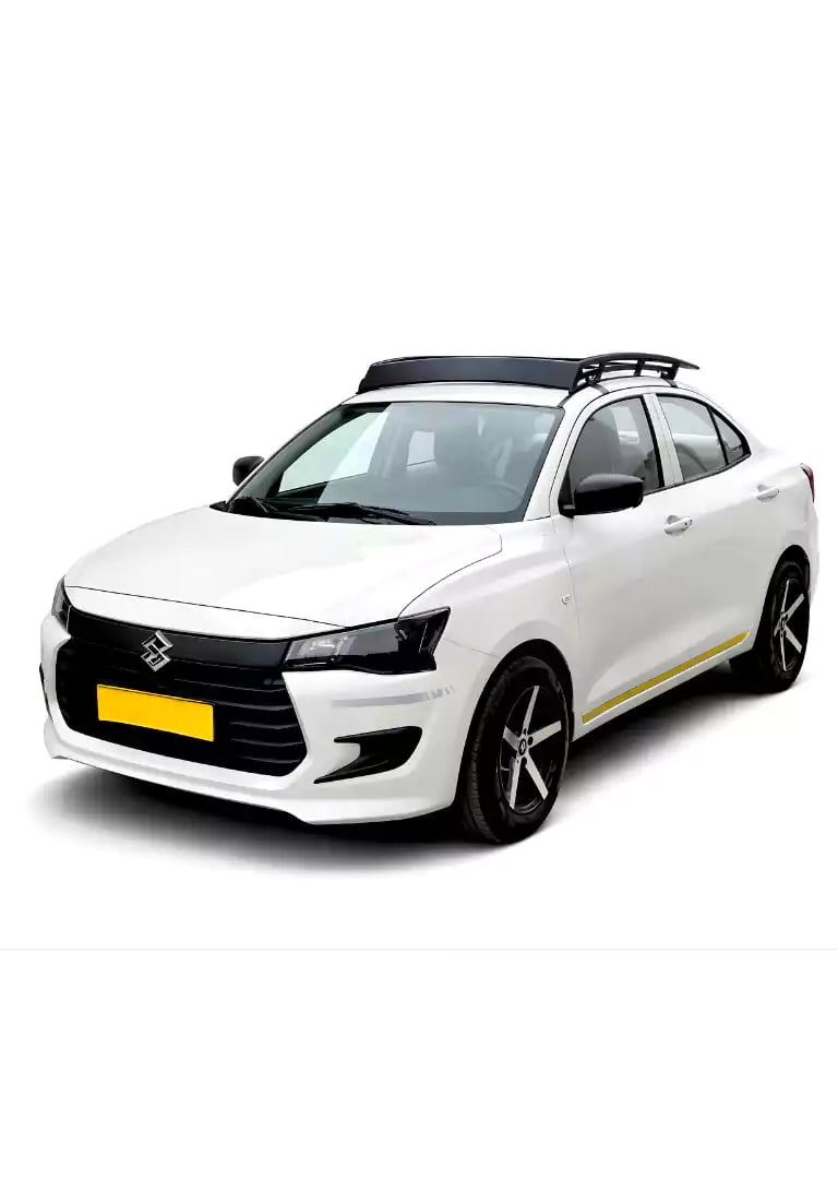 White Maruti Dzire one way taxi by Saini taxi services with a luggage carrier rack