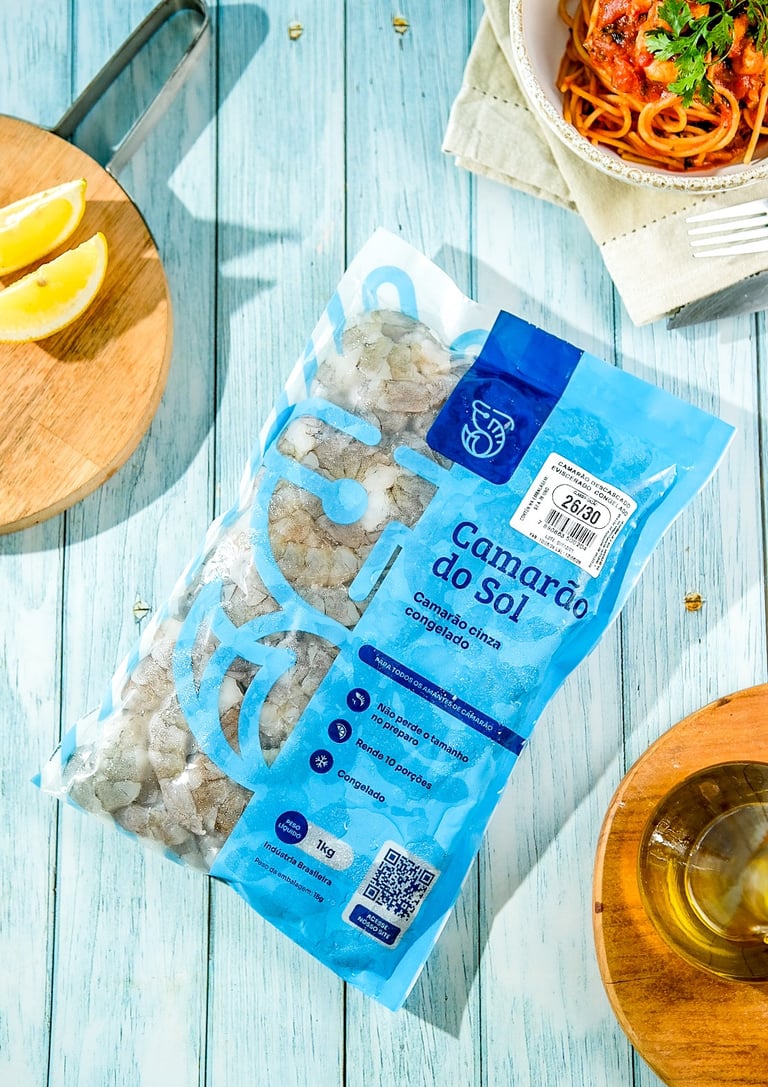 Embalagens de 1 kg de camarão congelado Camarão do Sol para atacado e restaurantes