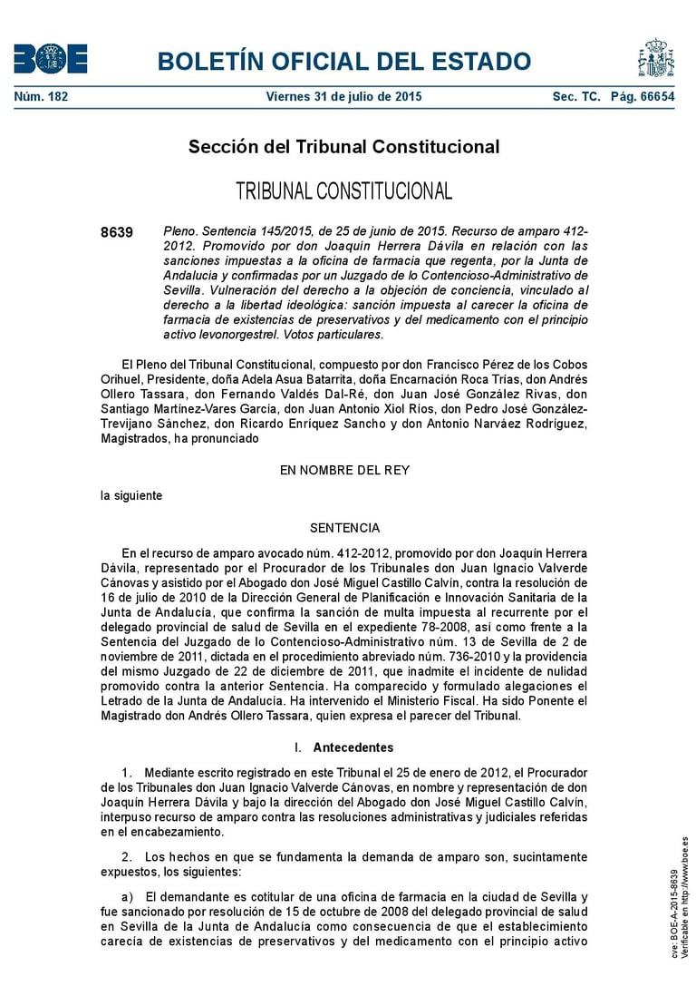 recurso de amparo - Tribunal Constitucional: objeción de conciencia farmacéutica