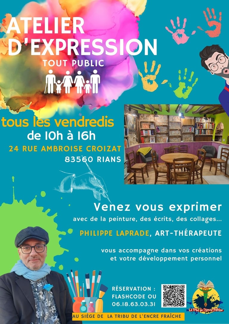 Poster for Philippe Laprade art therapy workshops in Rians, featuring a cozy studio and colorful handprints.
