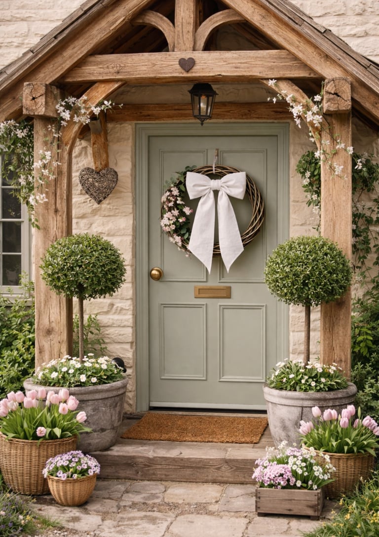 white linen bow on a spring wreath handing on a french grey front door