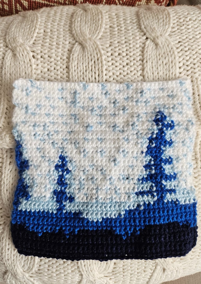 a crochet blue and white tapestry on a white pillow