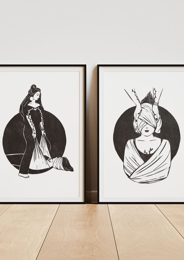 2 affiches illustrations soin rebozo encadrées