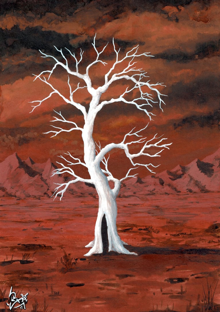 Une peinture acrylique représentant un arbre blanc sans feuilles au milieu d'un désert rouge menaçan