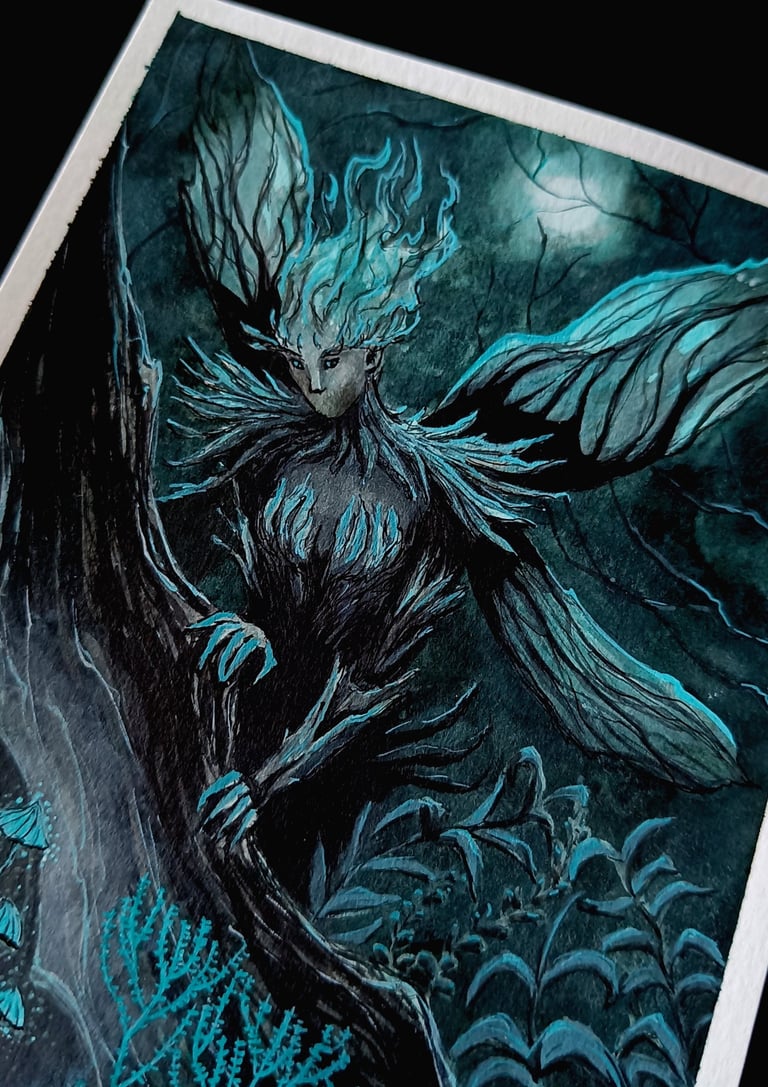 Une peinture à l'encre de chine représentant une fée verte dans un style fantasy