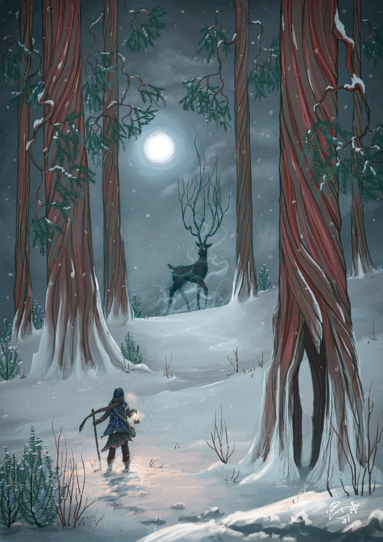 Peinture d'une personne marchant dans une forêt avec un cerf