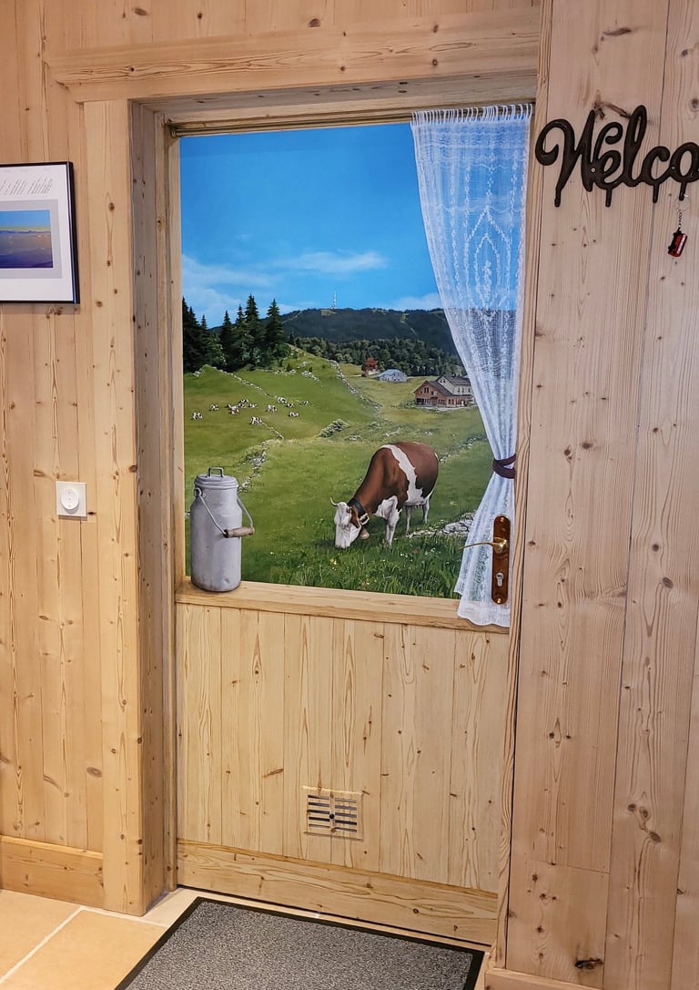 Décor peint de montagnes jurassiennes & imitation de matière sur une porte de service