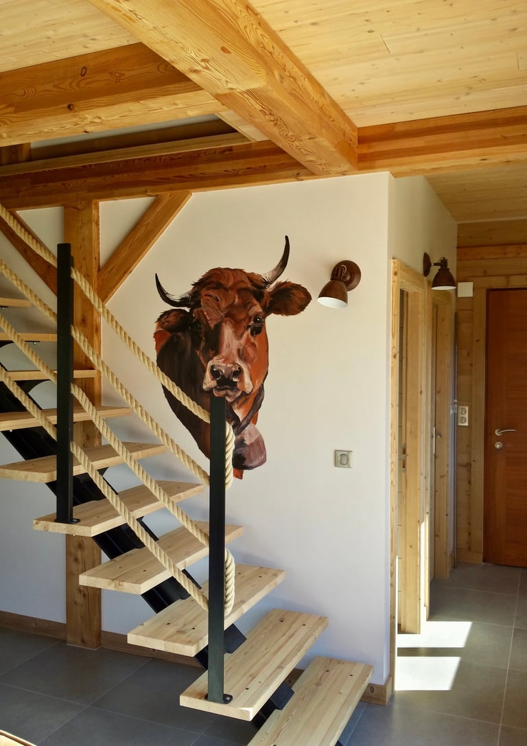 Reproduction d'un tableau (une tête de vache), sur le mur d'un escalier pour un chalet locatif. Création d'une ambiance.