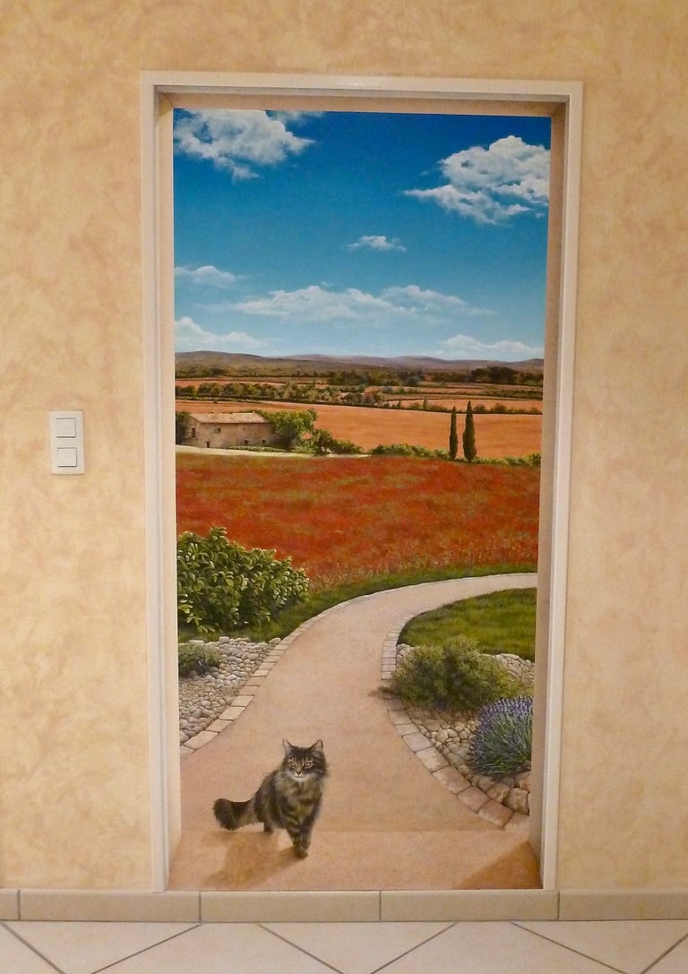 Une porte ouverte sur un paysage méditerranéen, une allée, un chat...Un décor en trompe-l'oeil pour une porte murée.
