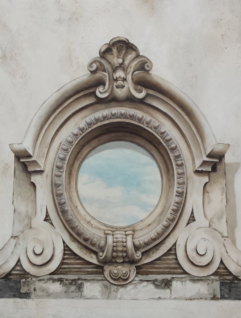 Oeil de boeuf en trompe-l'oeil peint, avec le reflet d'un ciel