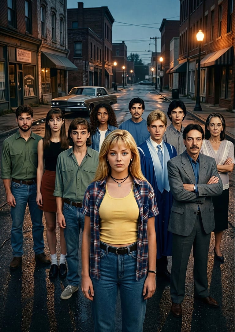 A diverse group of people standing on a 1980s style small town street at dusk with vintage cars.