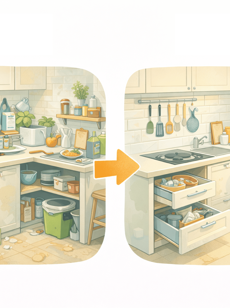 Cocina pequeña con estantes y cajones organizados de forma eficiente.