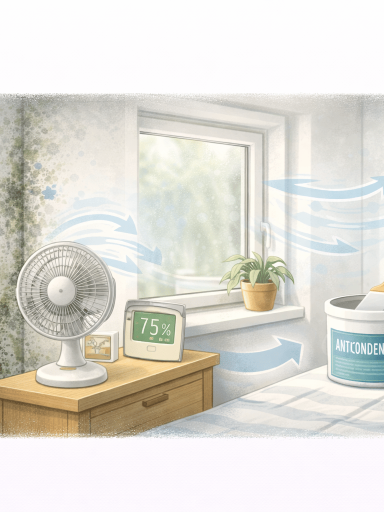 Ventilador frente a una pared con manchas de humedad y condensación.