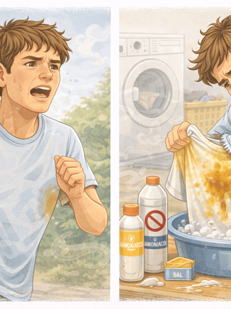 Persona frotando con un cepillo una camiseta con manchas amarillas.