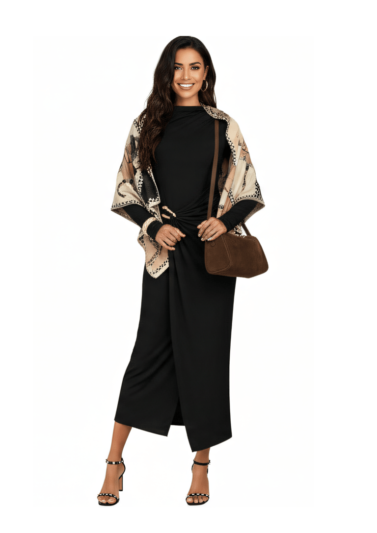 a woman in a black dress, scarf and sandal