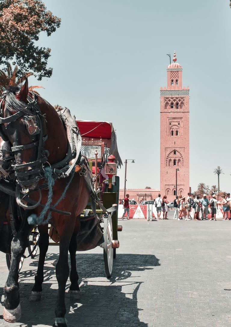 Horse carriage in Marrakech with Koutoubia Mosque in the background