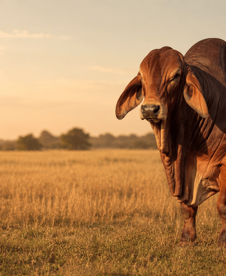 Toro Brahman Rojo en campo dorado al atardecer para ropa ganadera LH