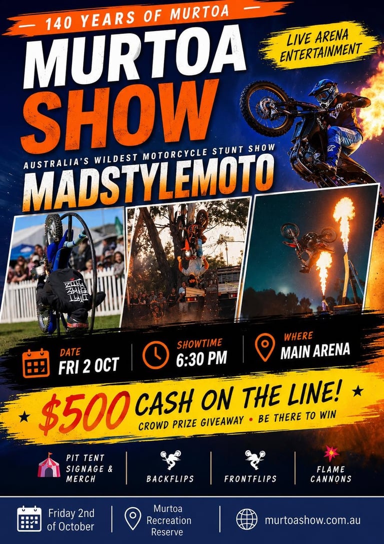 🏍️ MADSTYLEMOTO IS COMING TO THE MURTOA SHOW! 🔥 Get ready for an action-packed evening of incredi