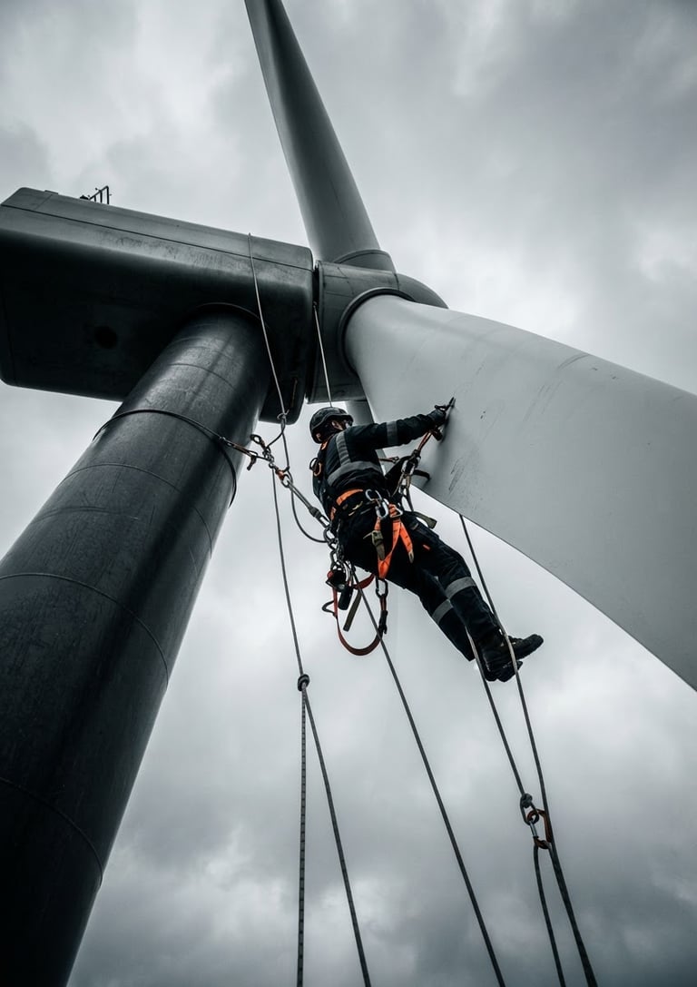 Low-angle heroic shot looking up at a wind turbine nacelle, a technician in high-visibility gear rigged on ropes performing blade repair, silhouetted against a dramatic overcast sky, safety orange accents visible on harness, wide-angle lens