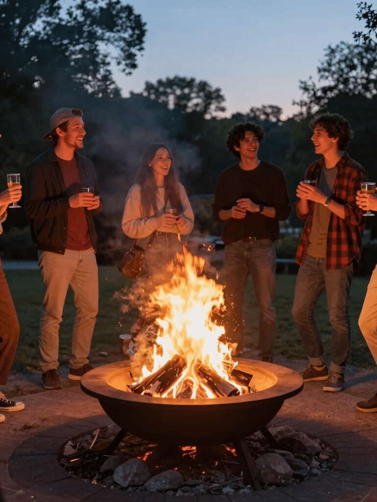 A rugged steel firepit glowing with roaring flames against a twilight forest backdrop.