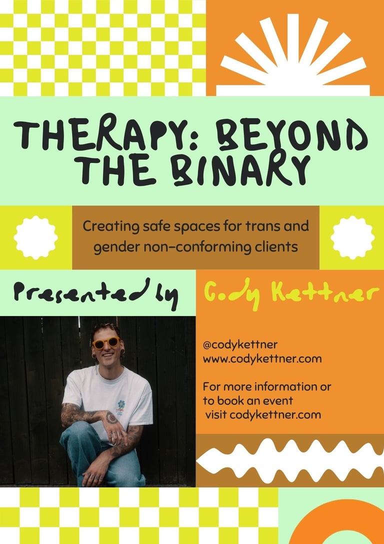 Flyer advertising Therapy: Beyond the Binary with neon coloured patterns and contact information