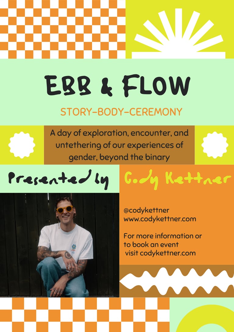 Flyer advertising Ebb & Flow with neon coloured patterns and contact information