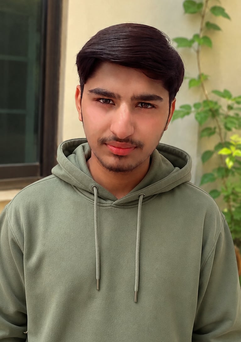 Portrait of a young man wearing a green hoodie standing outdoors near a leafy plant.