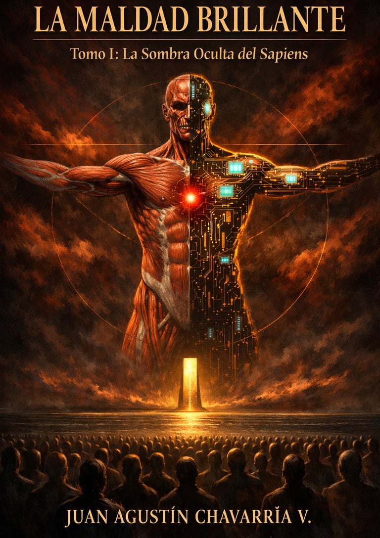 Figura humana dividida entre anatomía y tecnología sobre un fondo de nubes oscuras