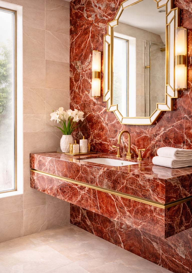 Acento de mármol rojo en baño Art Déco moderno con grifería dorada
