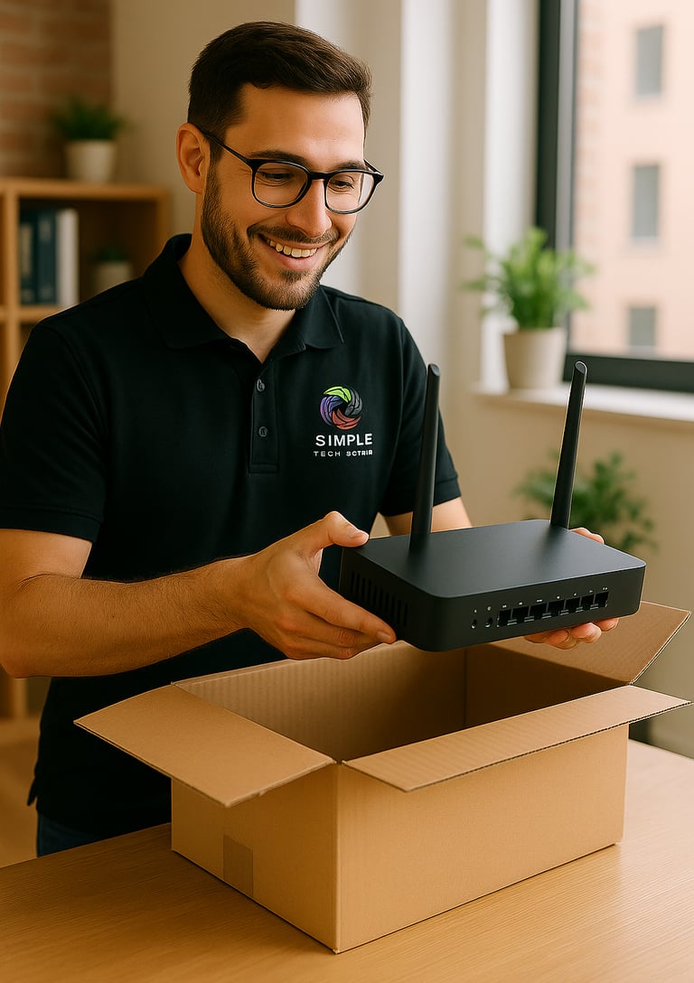 IT tech support unboxing residential router for installation