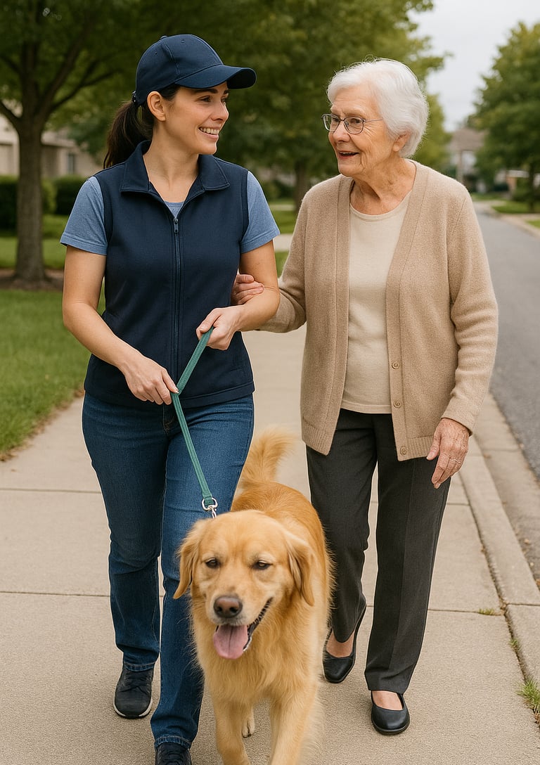 promenade d'un chien avec sa maitresse par services confort net