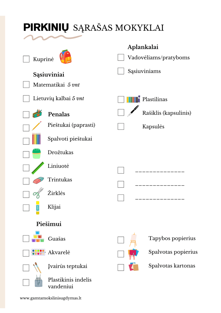 pirkiniu sarasas mokyklai mokykliniu priemoniu sarasas pirmokui