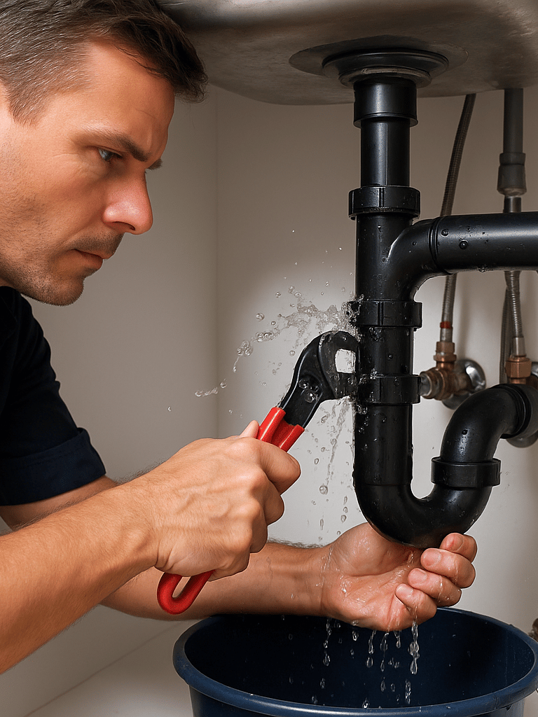 A plumber kneels in a dimly lit basement repairing a burst water pipe.