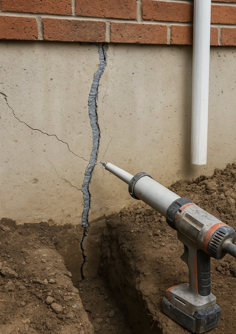 A worker repairs a concrete basement wall foundation using sealant and specialized tools.