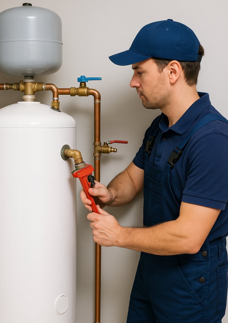 A professional plumber installs a new hot water tank in a clean utility room.