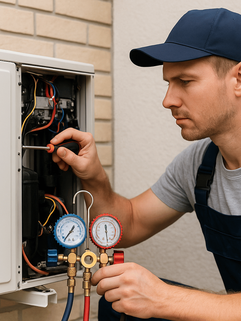 A professional HVAC technician services a residential air conditioner using precision tools.
