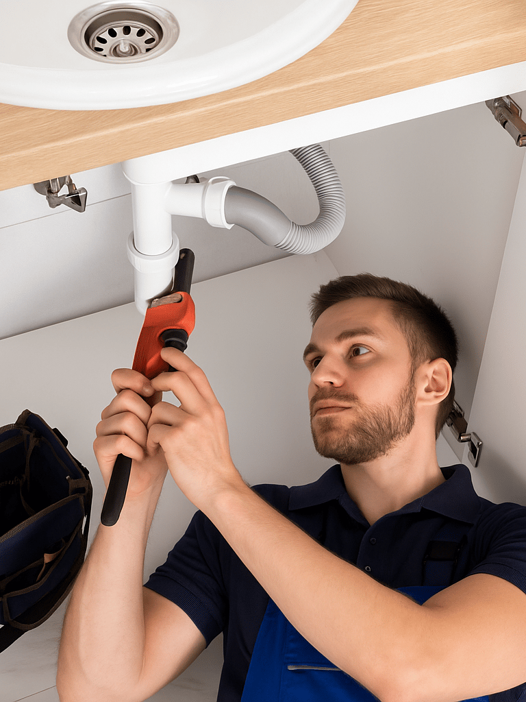 A professional residential plumber lies beneath a modern kitchen sink, repairing pipes.