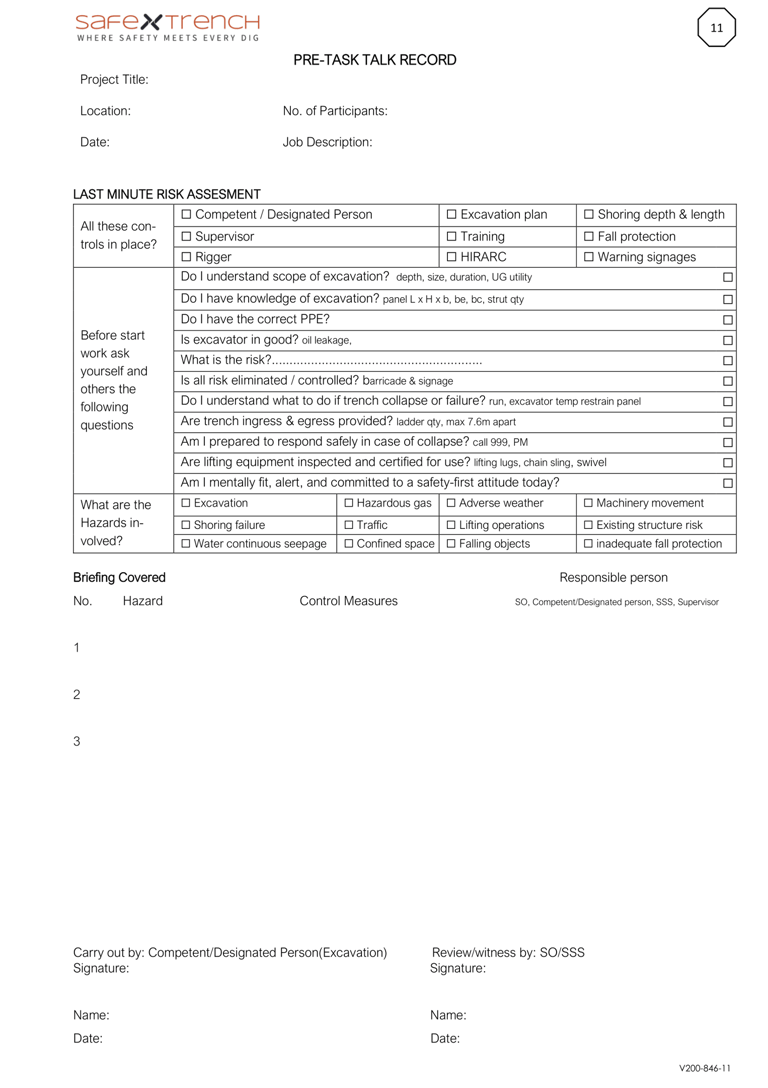 Pre task talk record and toolbox safety briefing checklist template for excavation risk assessment