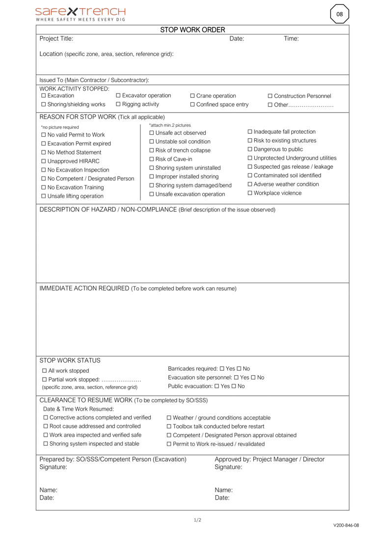 Stop work order form template for construction and excavation safety non compliance reporting