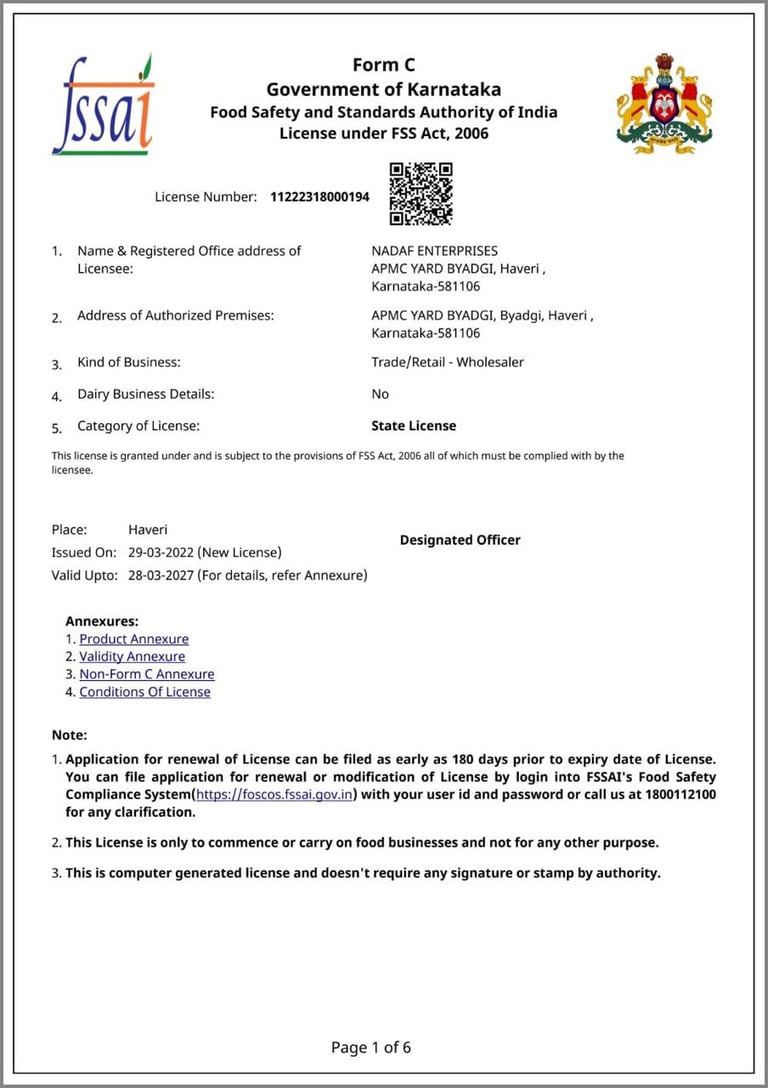 FSSAI food safety certificate of Nadaf Enterprises