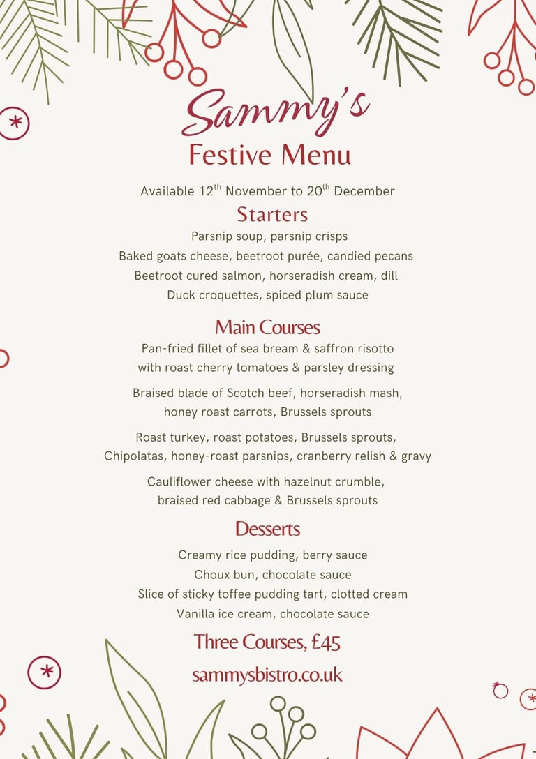 Sammy;s festive Christmas party menu